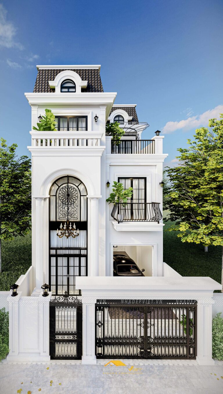 Mẫu biệt thự phố mái Mansard đẳng cấp hòa cùng tone màu trắng sang trọng