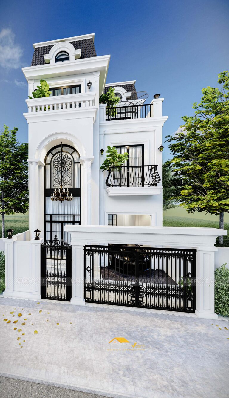 Mẫu biệt thự phố mái Mansard đẳng cấp hòa cùng tone màu trắng sang trọng