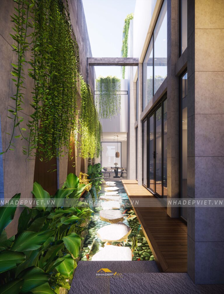 Mẫu biệt thự hiện đại tối giản với hồ cá koi bên hông độc đáo