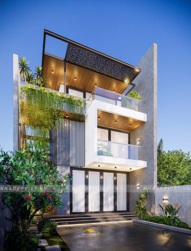 Mẫu biệt thự hiện đại tối giản với hồ cá koi bên hông độc đáo