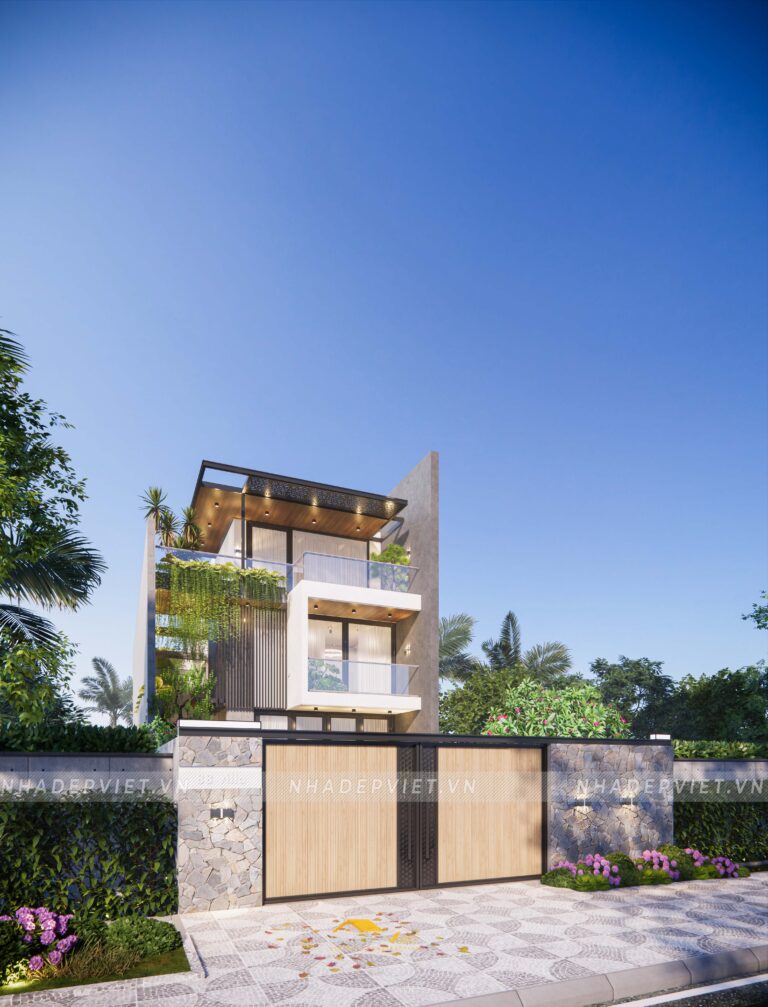 Mẫu biệt thự hiện đại tối giản với hồ cá koi bên hông độc đáo