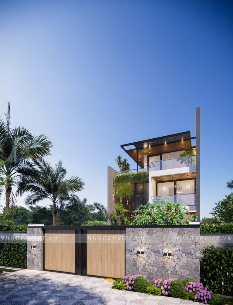 Mẫu biệt thự hiện đại tối giản với hồ cá koi bên hông độc đáo