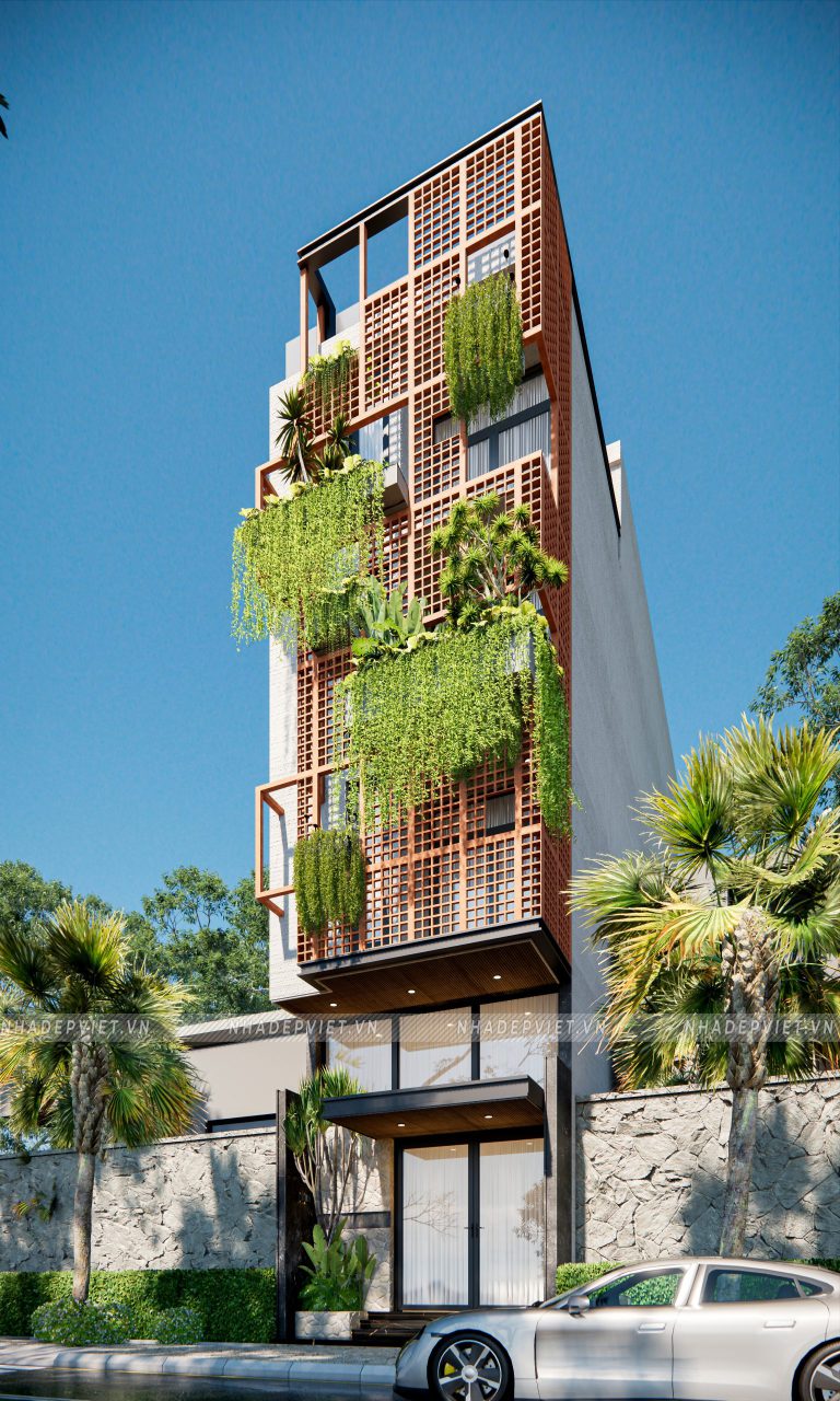 Ngôi nhà phố 4 tầng khoác lên chiếc áo độc đáo từ gạch hoa gió và cây xanh