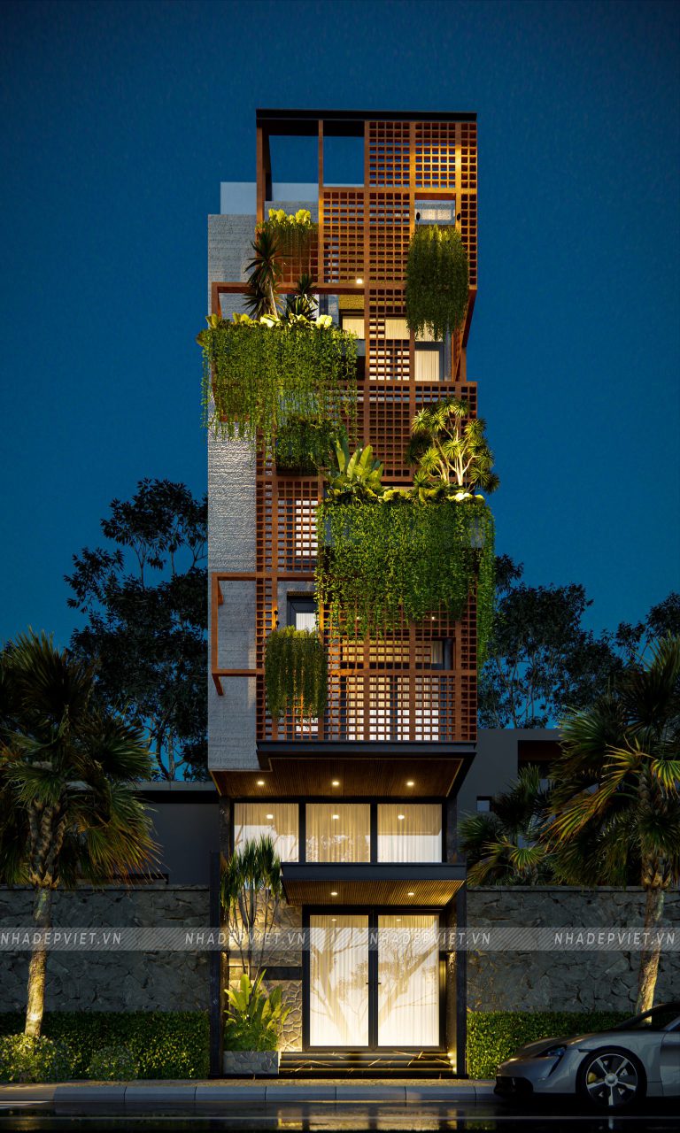 Ngôi nhà phố 4 tầng khoác lên chiếc áo độc đáo từ gạch hoa gió và cây xanh