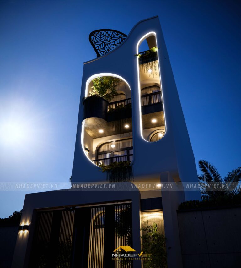 Nhà phố hiện đại nổi bật với khối hình mạnh mẽ và không gian mở xanh mát