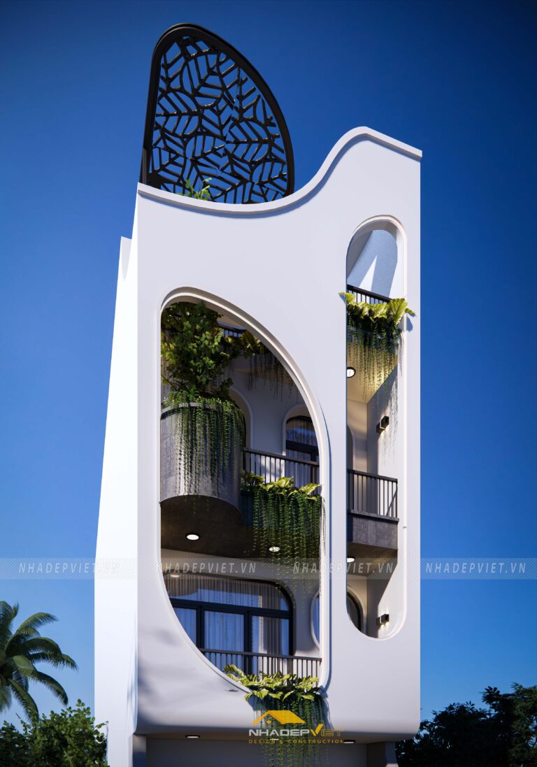 Nhà phố hiện đại nổi bật với khối hình mạnh mẽ và không gian mở xanh mát