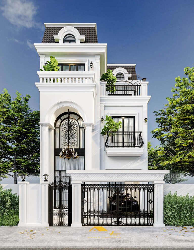 Mẫu biệt thự phố mái Mansard đẳng cấp hòa cùng tone màu trắng sang trọng