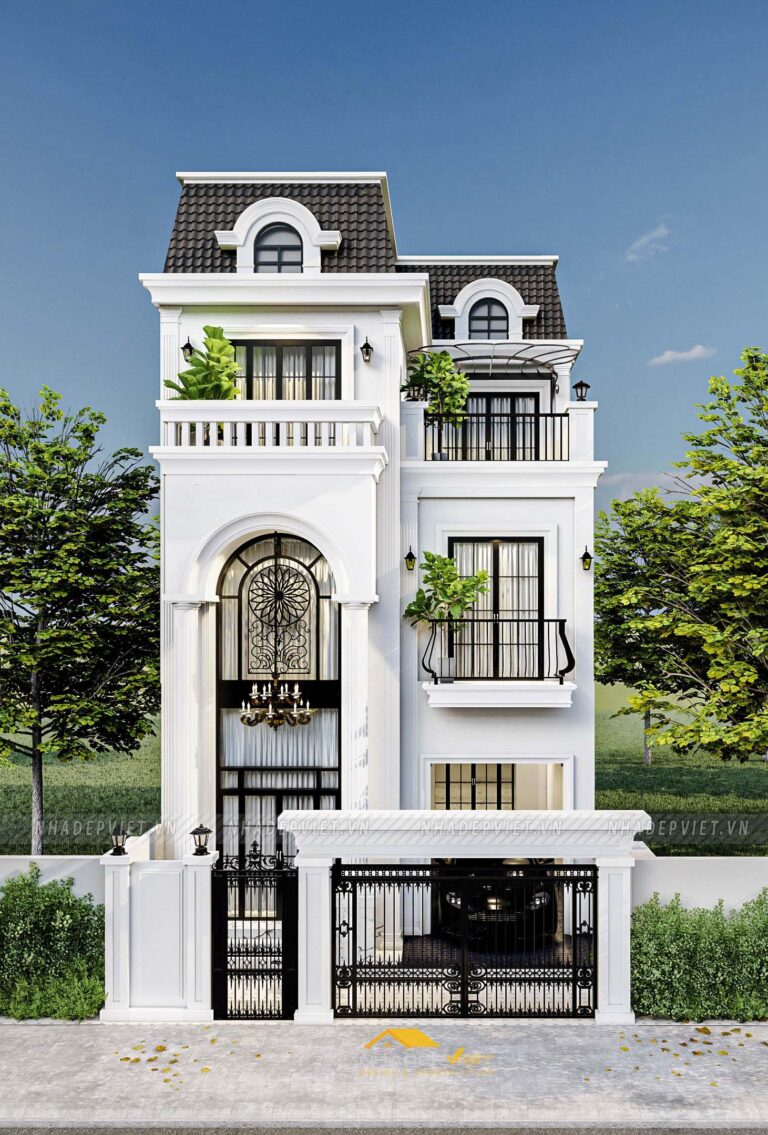 Mẫu biệt thự phố mái Mansard đẳng cấp hòa cùng tone màu trắng sang trọng