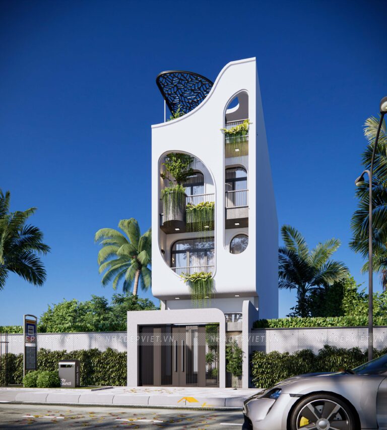 Nhà phố hiện đại nổi bật với khối hình mạnh mẽ và không gian mở xanh mát