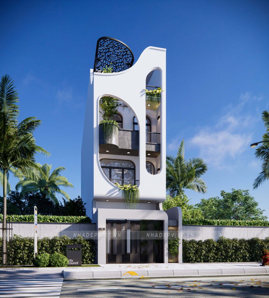 Nhà phố hiện đại nổi bật với khối hình mạnh mẽ và không gian mở xanh mát