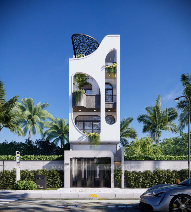 Nhà phố hiện đại nổi bật với khối hình mạnh mẽ và không gian mở xanh mát