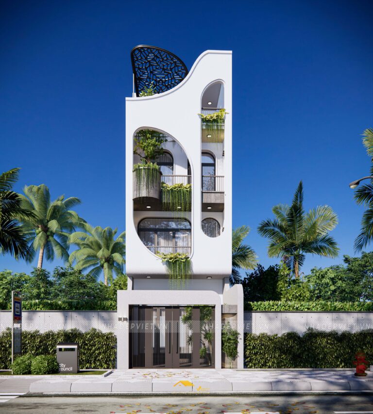 Nhà phố hiện đại nổi bật với khối hình mạnh mẽ và không gian mở xanh mát