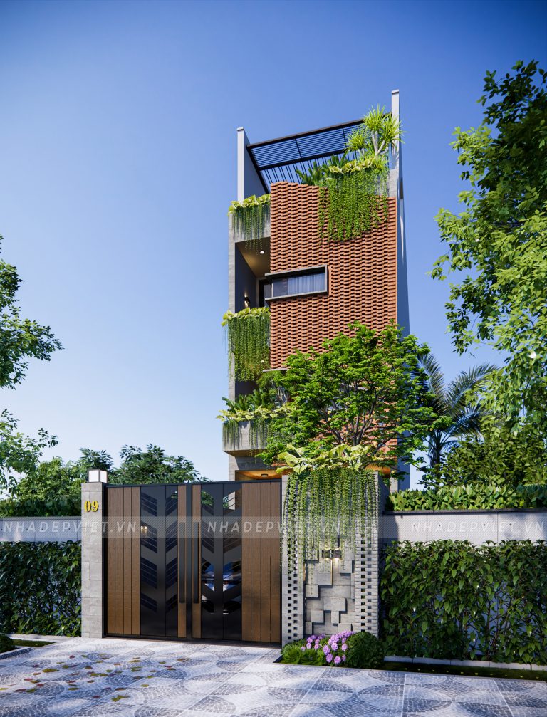 Kiến trúc nhà ống hiện đại độc đáo với mặt tiền gạch đỏ và vườn treo xanh mát
