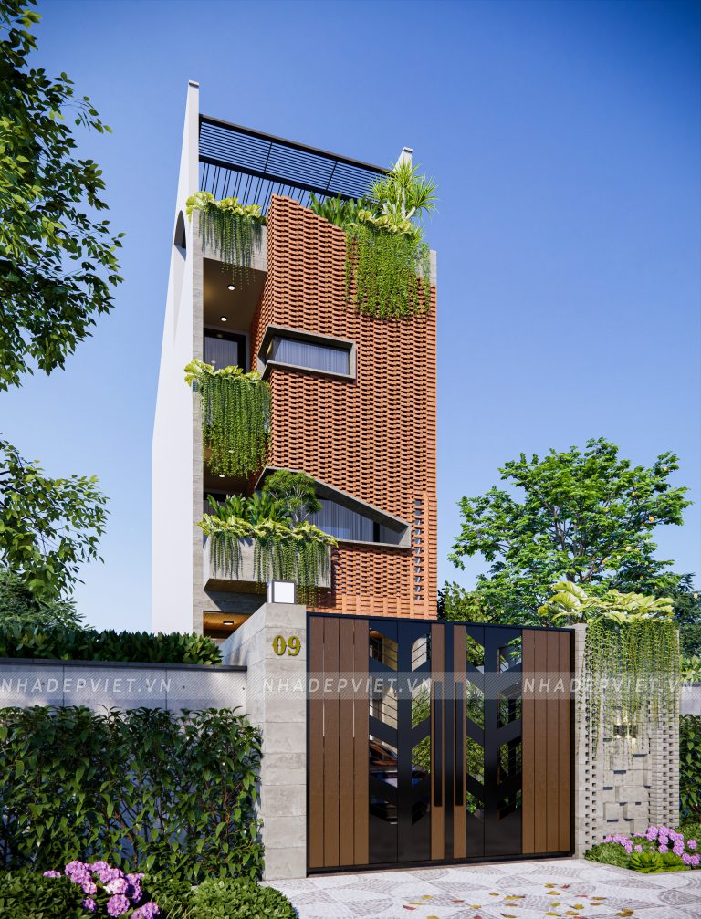 Kiến trúc nhà ống hiện đại độc đáo với mặt tiền gạch đỏ và vườn treo xanh mát