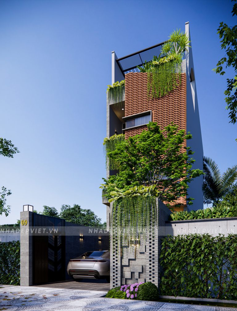 Kiến trúc nhà ống hiện đại độc đáo với mặt tiền gạch đỏ và vườn treo xanh mát