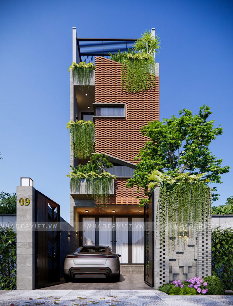 Kiến trúc nhà ống hiện đại độc đáo với mặt tiền gạch đỏ và vườn treo xanh mát