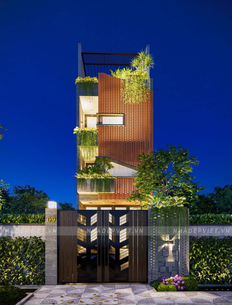 Kiến trúc nhà ống hiện đại độc đáo với mặt tiền gạch đỏ và vườn treo xanh mát