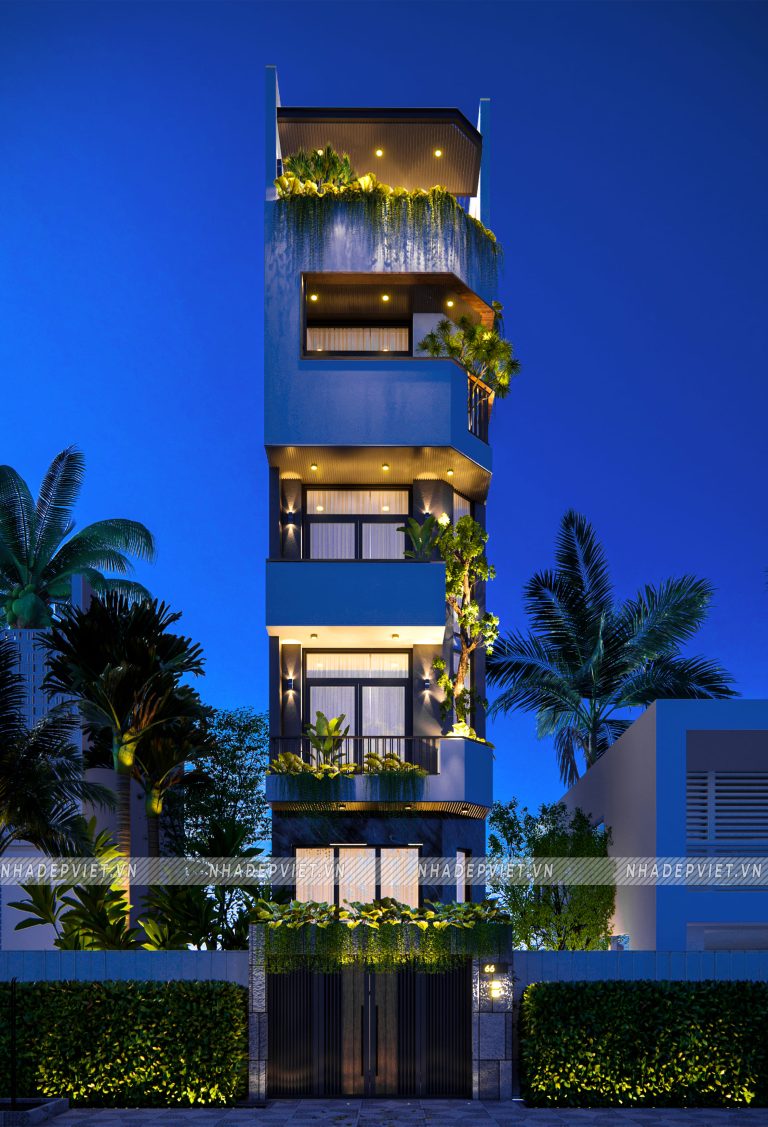 Mẫu nhà phố 5 tầng hiện đại ấn tượng với mảng xanh tươi mát