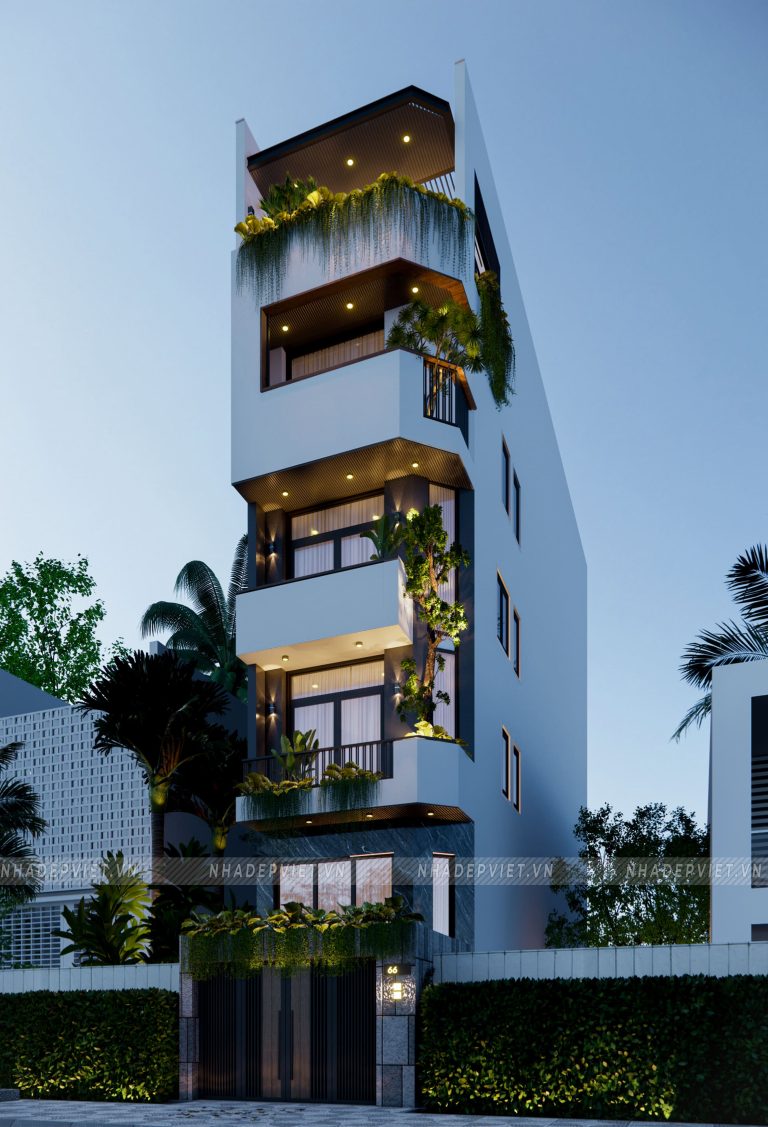 Mẫu nhà phố 5 tầng hiện đại ấn tượng với mảng xanh tươi mát
